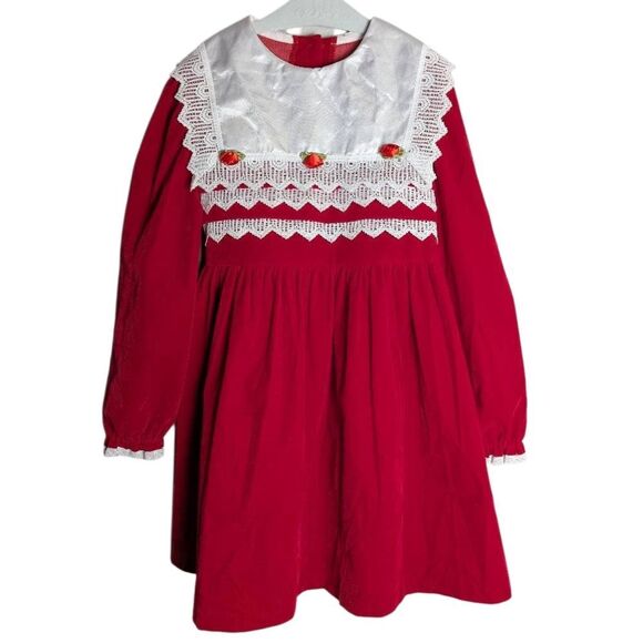 Vintage 90s Evy Red & White Velvet Big Collar Holiday Long Sleeve Dress Girls 6X - Picture 1 of 6